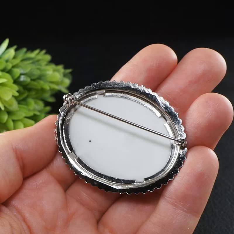 Black and White Cat Kitten Porcelain Cameo Oval Silver Brooch Pin Woman Jewelry