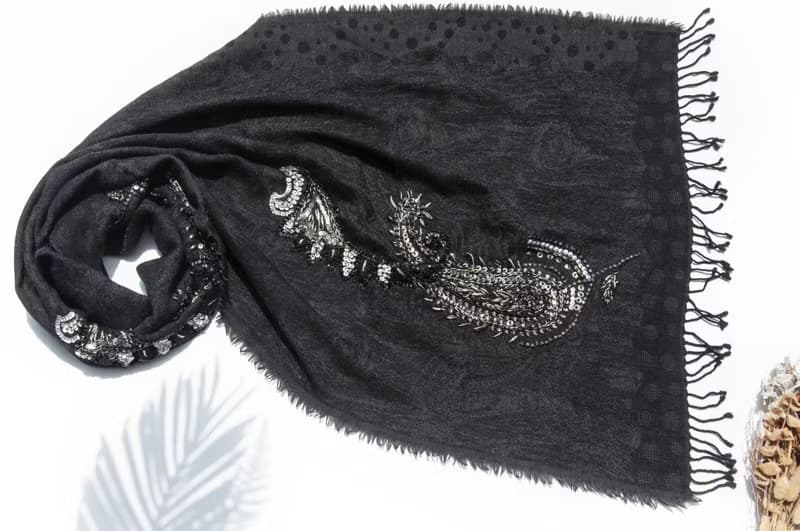 喀什米爾Cashmere/水煮羊毛披肩/針織圍巾/刺繡圍巾/羊絨披巾-花
