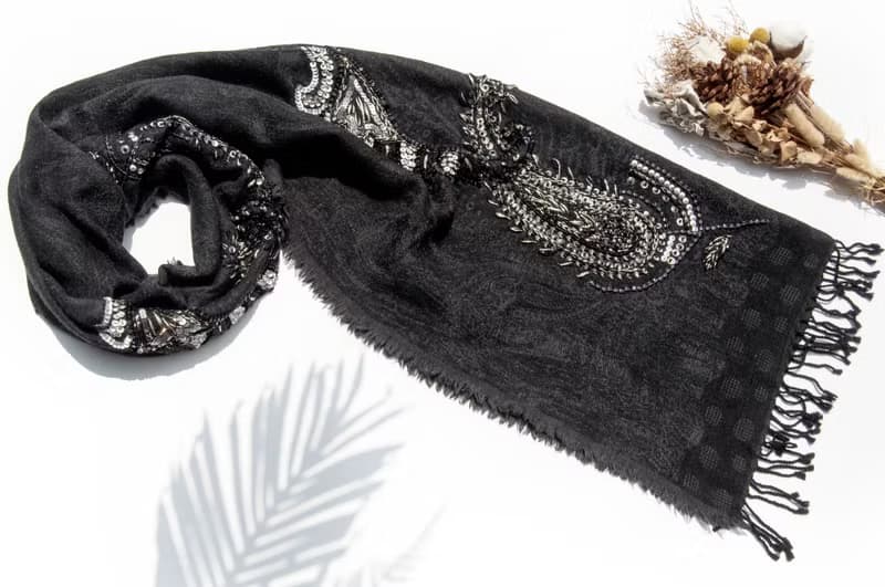 喀什米爾Cashmere/水煮羊毛披肩/針織圍巾/刺繡圍巾/羊絨披巾-花