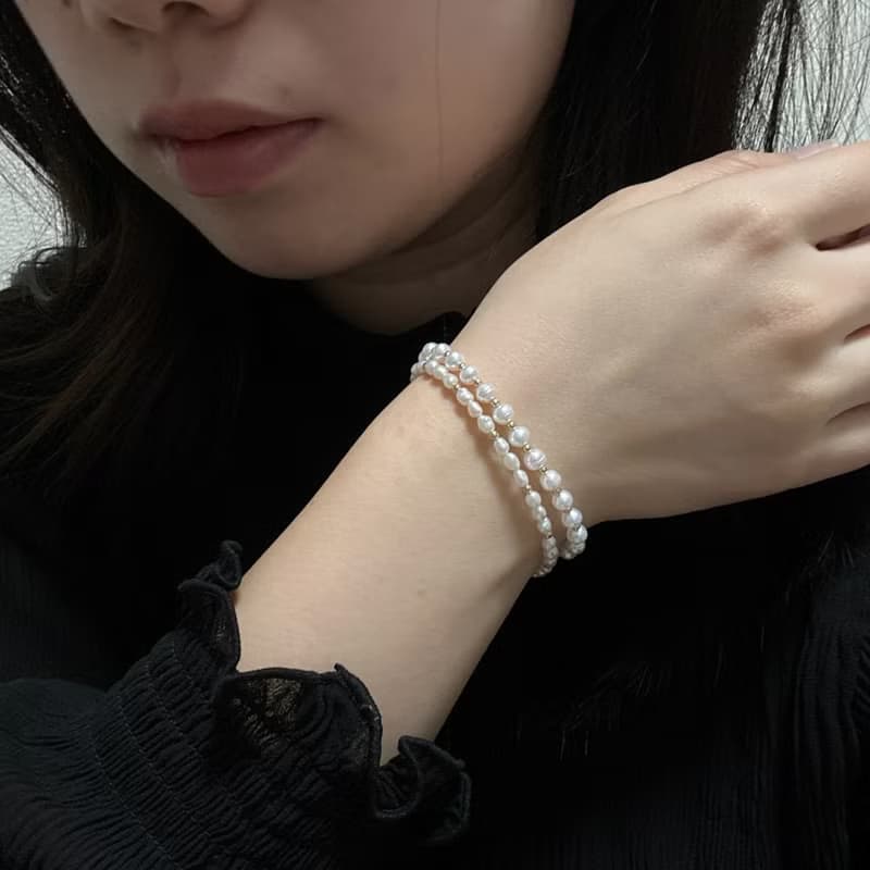 小米粒 天然 淡水珍珠 × 14KGF 小金豆手鍊 極細光系列