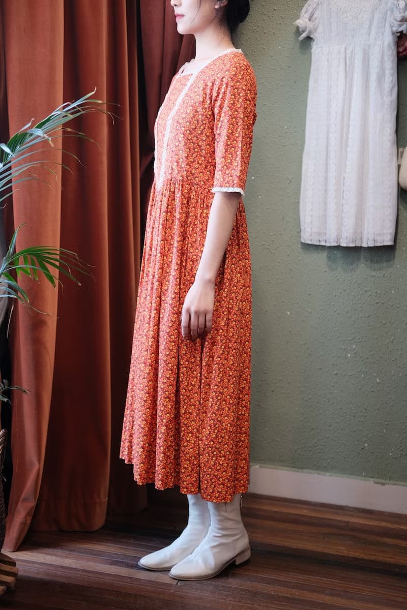 Vintage dress美國制橘色小碎花草原裙連衣裙古著