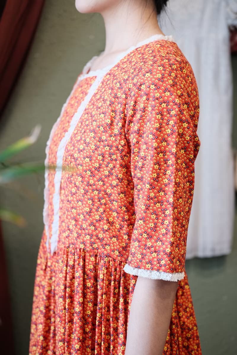 Vintage dress美國制橘色小碎花草原裙連衣裙古著