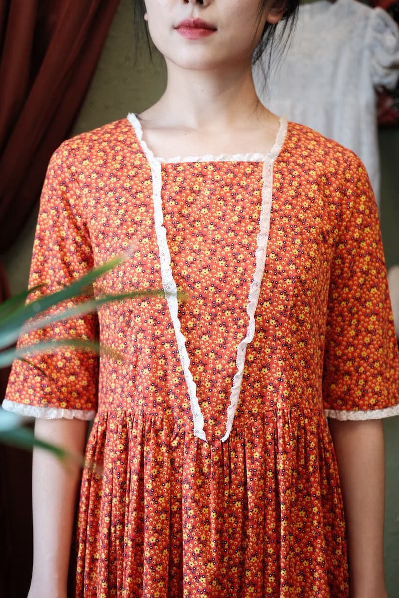 Vintage dress美國制橘色小碎花草原裙連衣裙古著