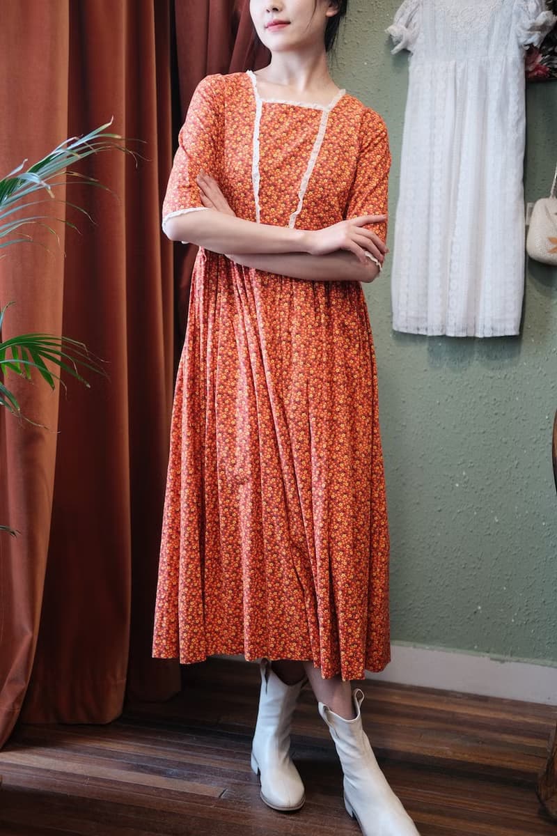 Vintage dress美國制橘色小碎花草原裙連衣裙古著
