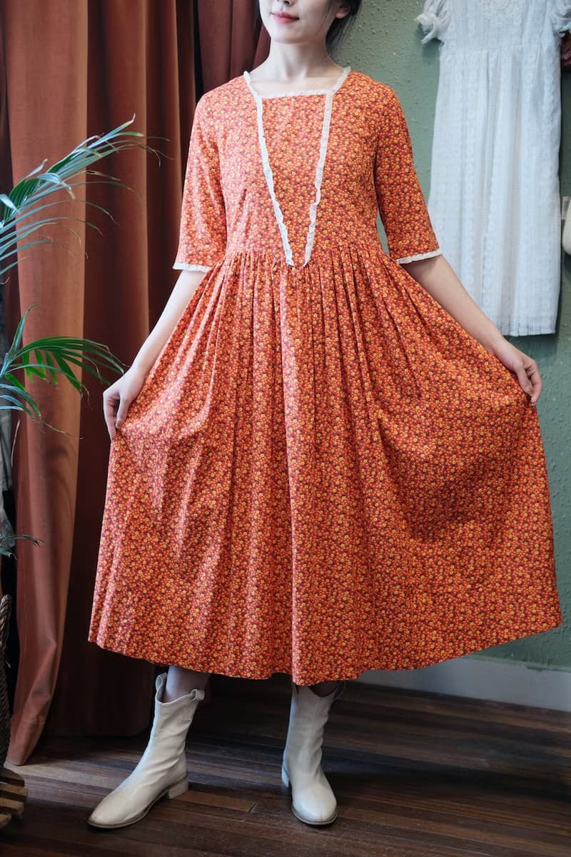 Vintage dress美國制橘色小碎花草原裙連衣裙古著
