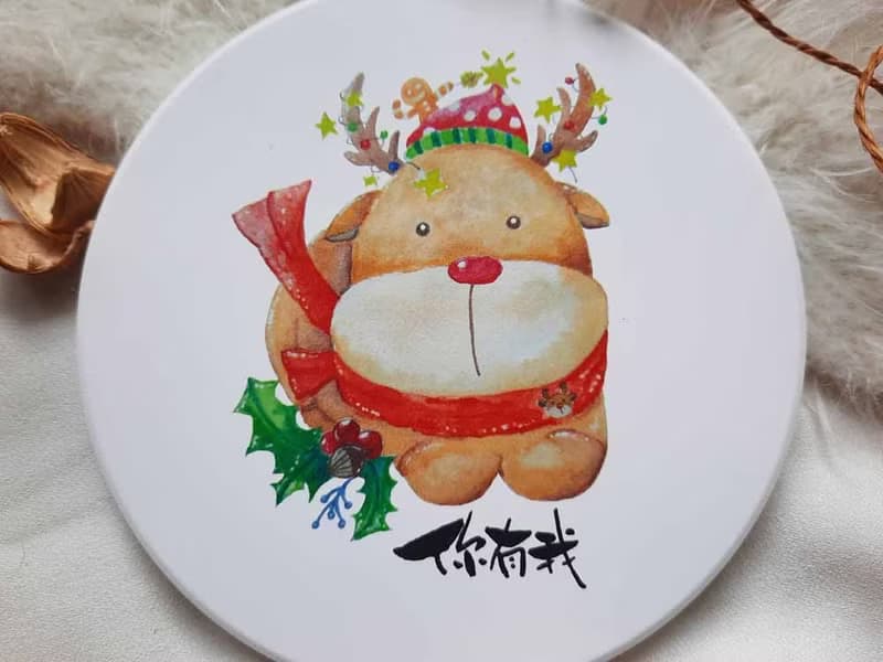有現貨-麋鹿陶瓷杯墊珪藻土杯墊-水彩插畫杯墊-代客寫字-聖誕禮物