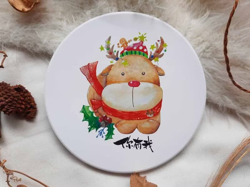 有現貨-麋鹿陶瓷杯墊珪藻土杯墊-水彩插畫杯墊-代客寫字-聖誕禮物