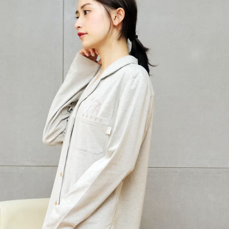 GOTSMIT有機棉刺繡開襟襯衫居家服-麻花灰