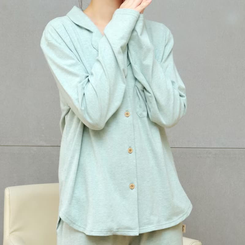 GOTSMIT有機棉刺繡開襟襯衫居家服-麻花灰