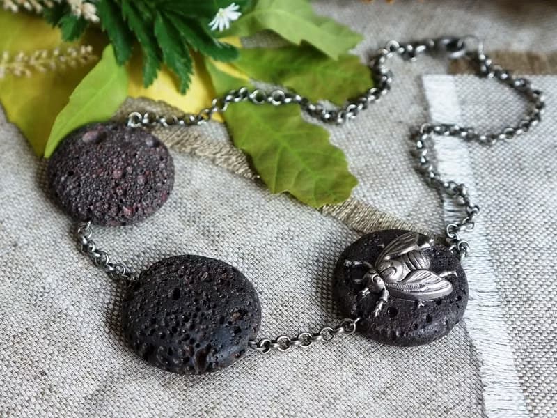 Silver Fly Brown Lava Stone Chocolate Brown Cookies Boho Choker Necklace Jewelry