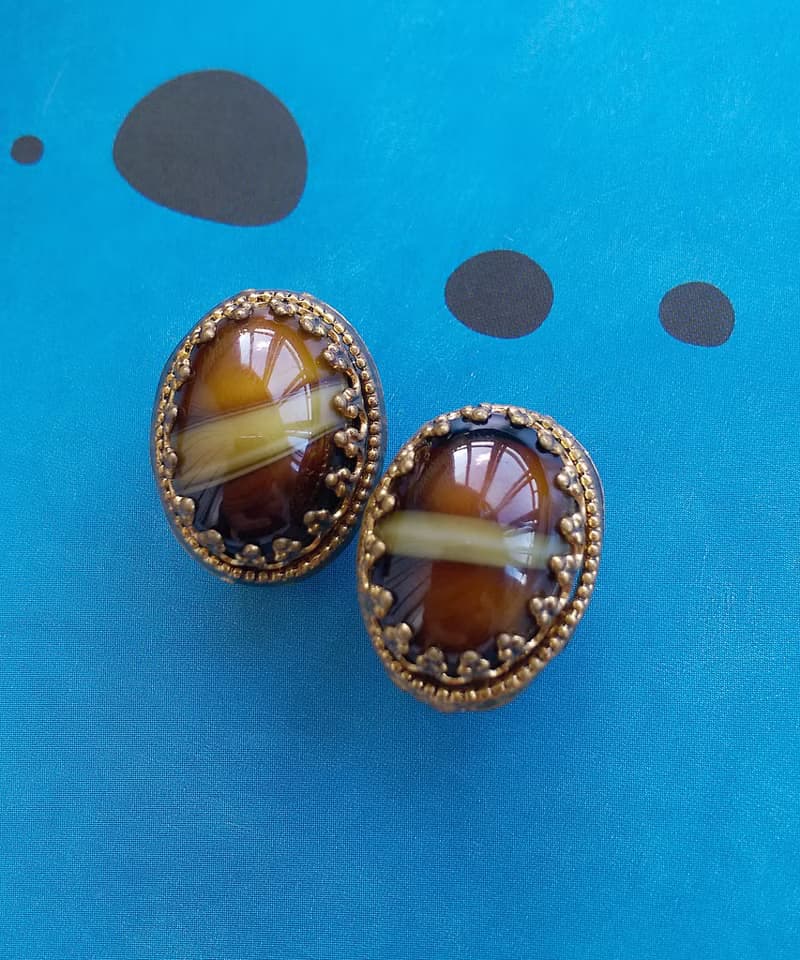 Vintage Jewelry 西洋古董飾品 西德製 橢圓 優美瑪瑙紋 夾式耳環