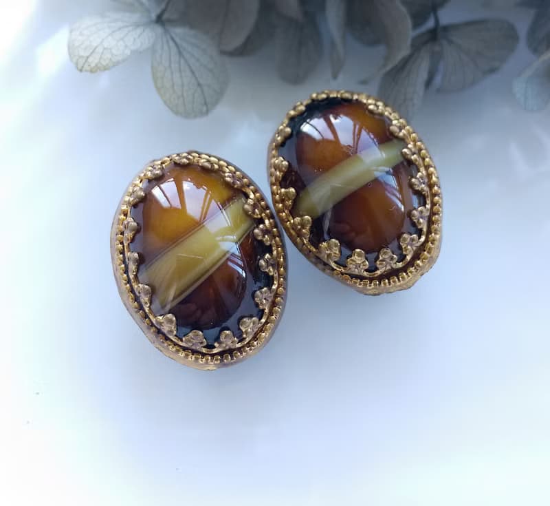 Vintage Jewelry 西洋古董飾品 西德製 橢圓 優美瑪瑙紋 夾式耳環