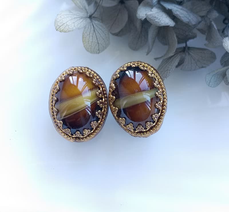 Vintage Jewelry 西洋古董飾品 西德製 橢圓 優美瑪瑙紋 夾式耳環