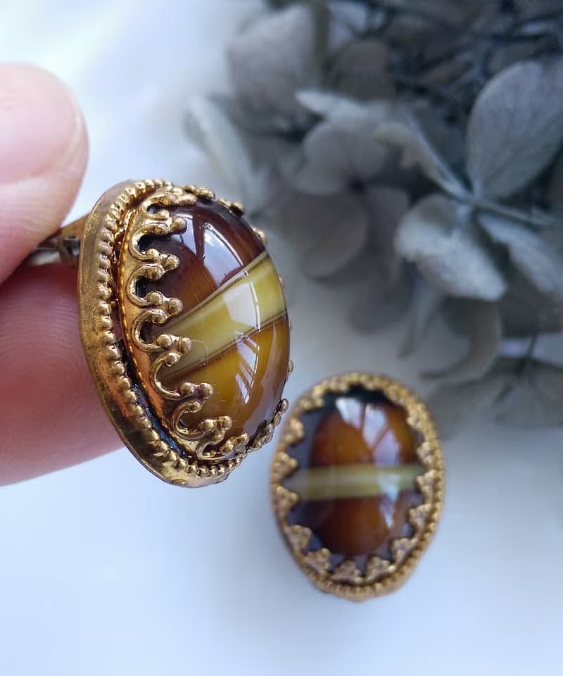 Vintage Jewelry 西洋古董飾品 西德製 橢圓 優美瑪瑙紋 夾式耳環