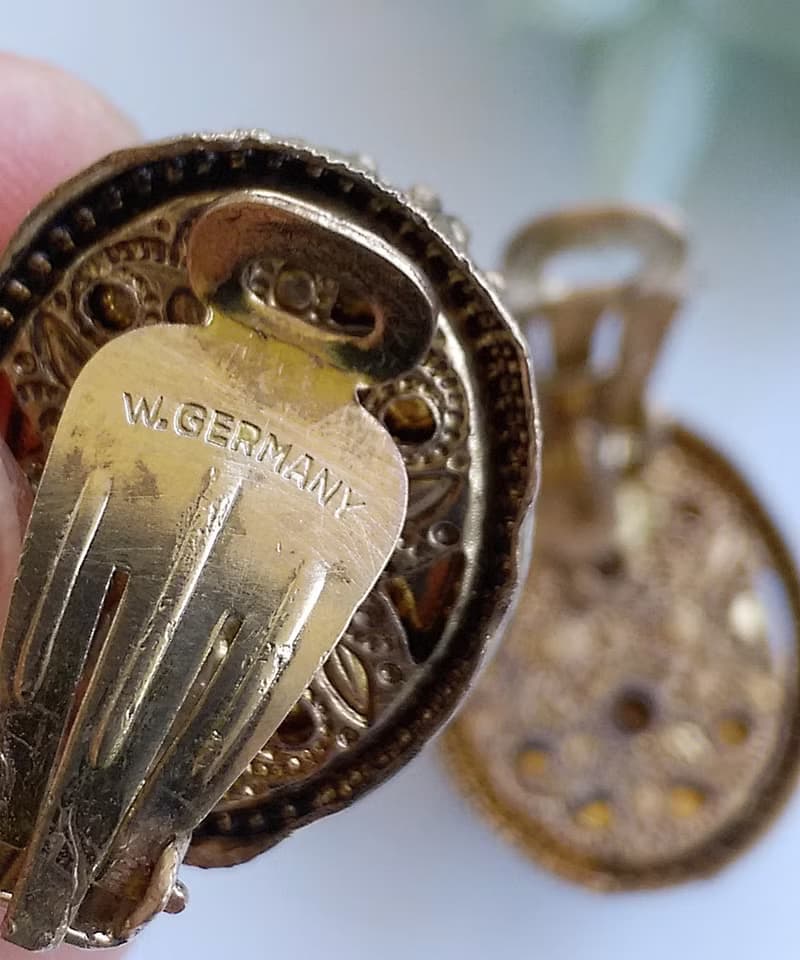 Vintage Jewelry 西洋古董飾品 西德製 橢圓 優美瑪瑙紋 夾式耳環