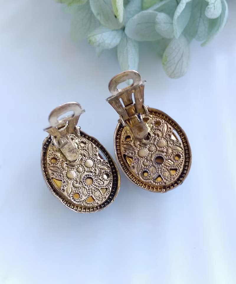 Vintage Jewelry 西洋古董飾品 西德製 橢圓 優美瑪瑙紋 夾式耳環