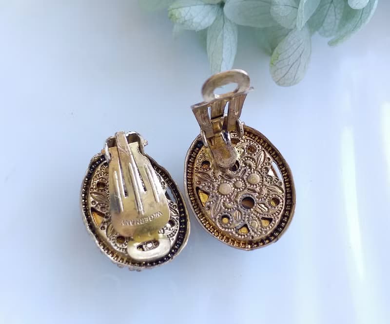 Vintage Jewelry 西洋古董飾品 西德製 橢圓 優美瑪瑙紋 夾式耳環