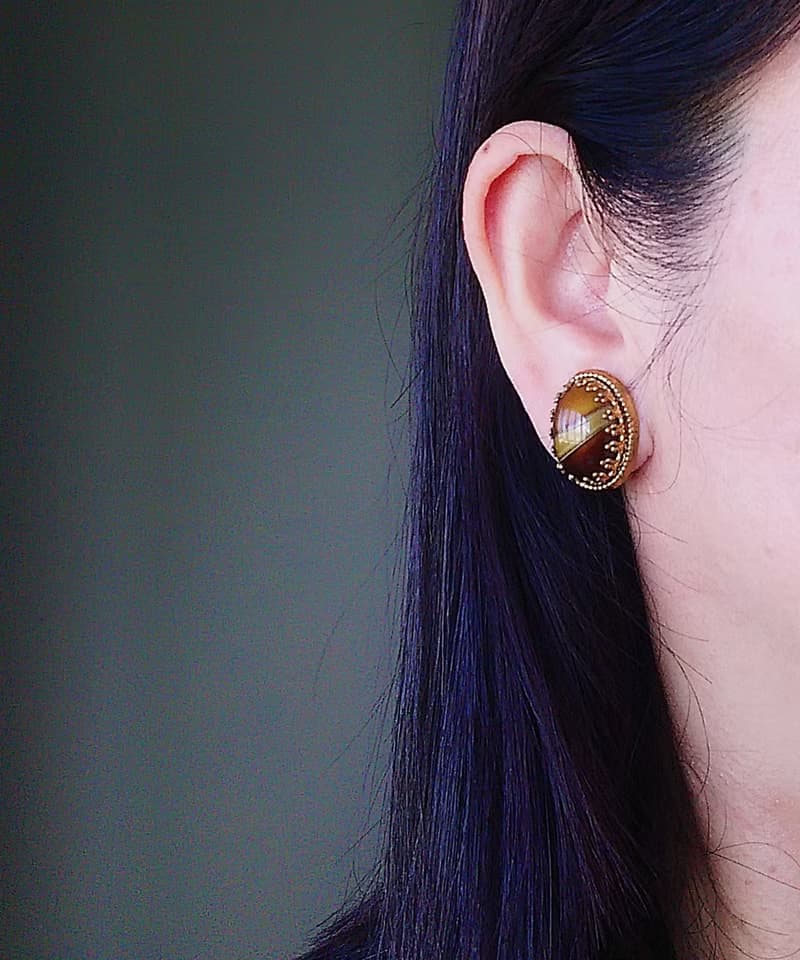 Vintage Jewelry 西洋古董飾品 西德製 橢圓 優美瑪瑙紋 夾式耳環