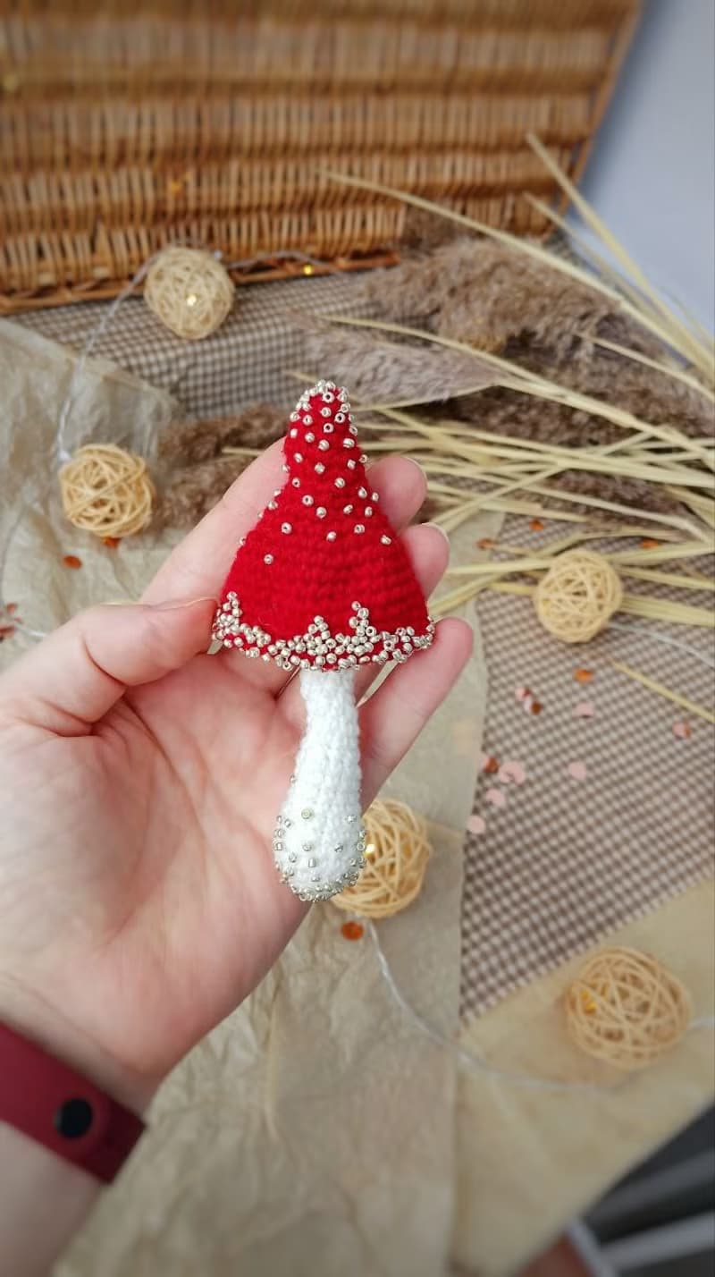 Handmade cotton brooch mushroom and beads decor/ red pins/ BOHO brooch gift