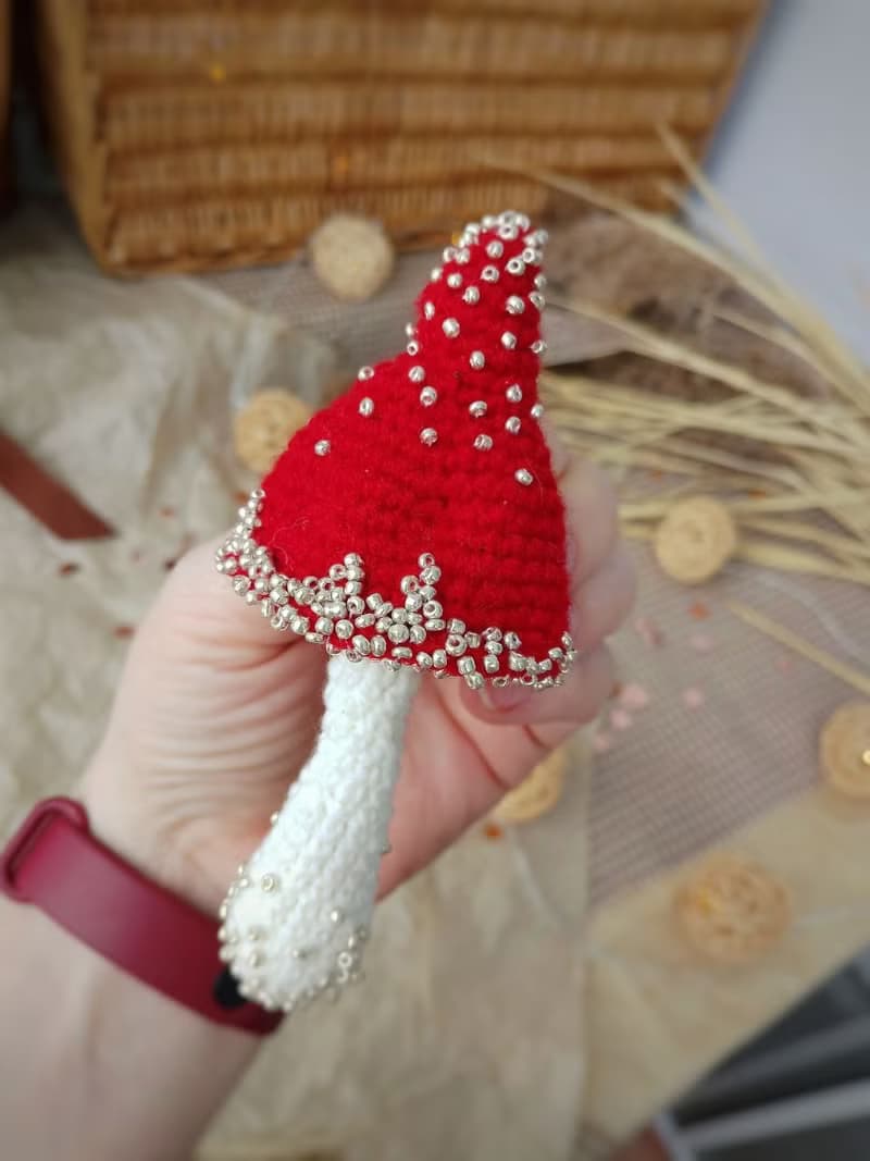 Handmade cotton brooch mushroom and beads decor/ red pins/ BOHO brooch gift