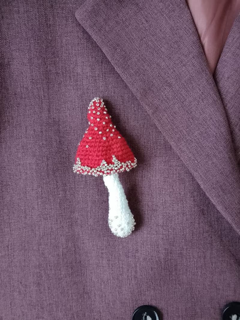 Handmade cotton brooch mushroom and beads decor/ red pins/ BOHO brooch gift