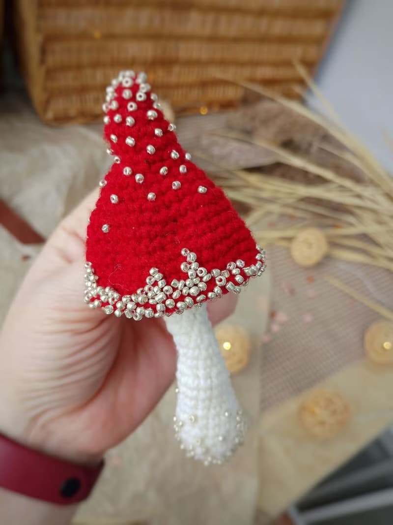 Handmade cotton brooch mushroom and beads decor/ red pins/ BOHO brooch gift