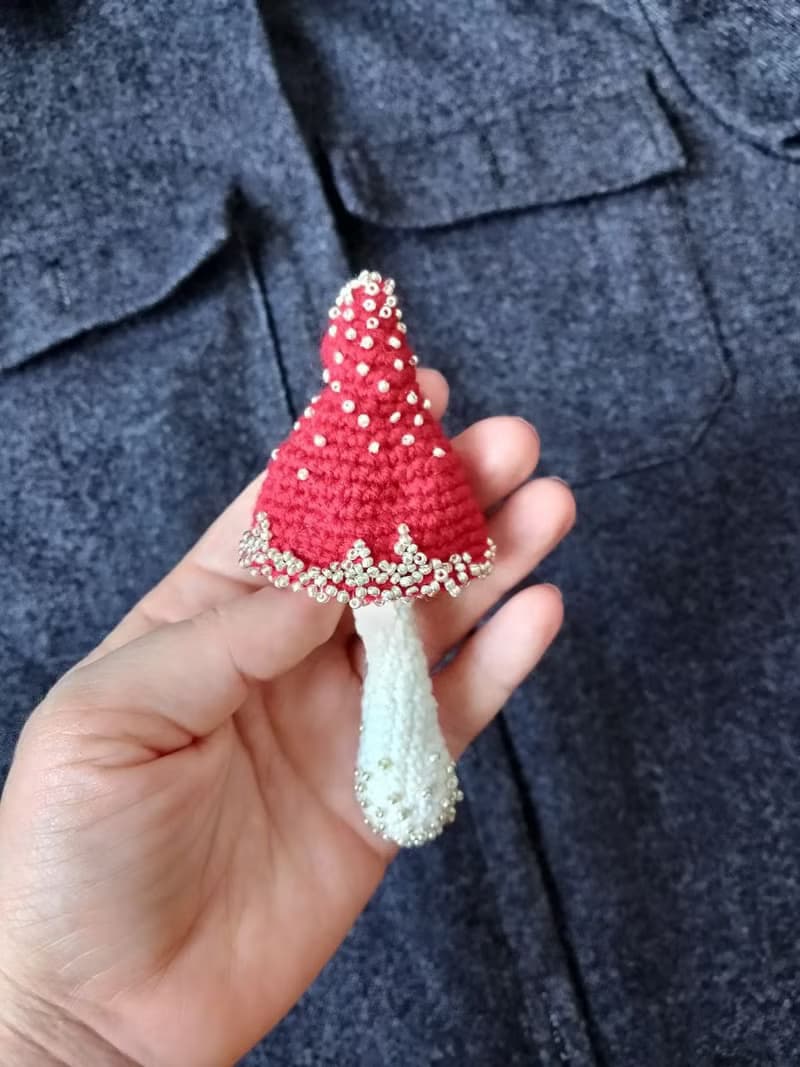Handmade cotton brooch mushroom and beads decor/ red pins/ BOHO brooch gift