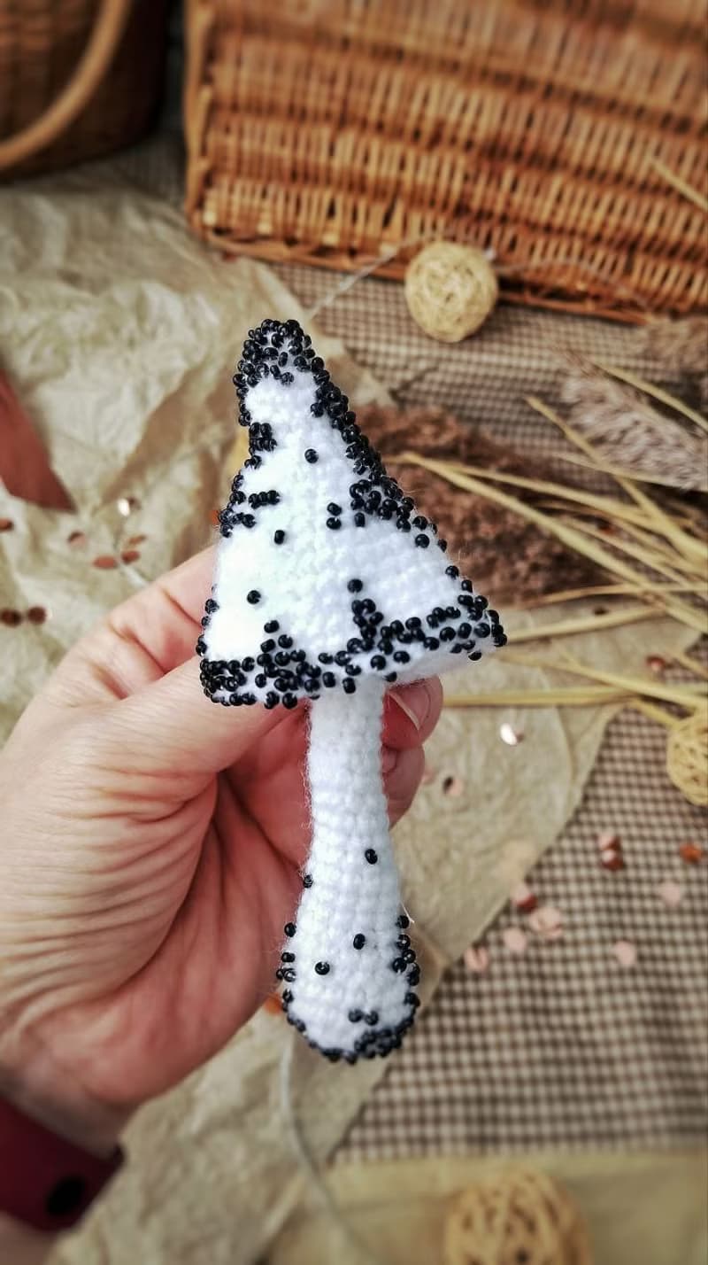 Handmade cotton brooch mushroom and beads decor/ red pins/ BOHO brooch gift