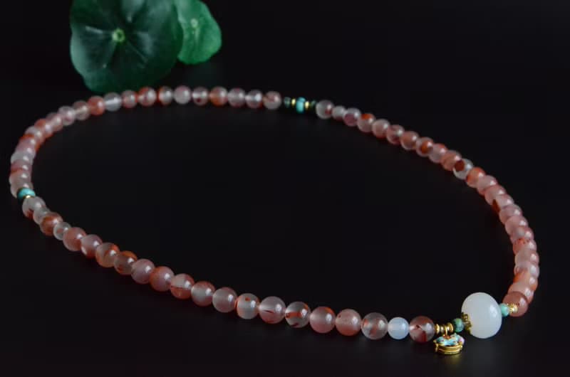 【童心】天然南紅冰底飄花三圈手串白玉鼓珠綠松石純銀燒藍小木馬
