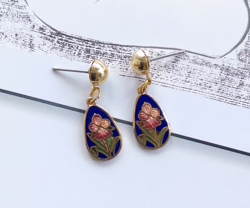 Vintage Jewelry 西洋古董飾品 景泰藍 水滴 藍底 花卉 針式耳環