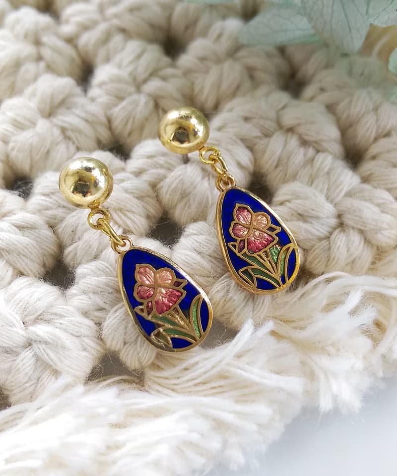 Vintage Jewelry 西洋古董飾品 景泰藍 水滴 藍底 花卉 針式耳環