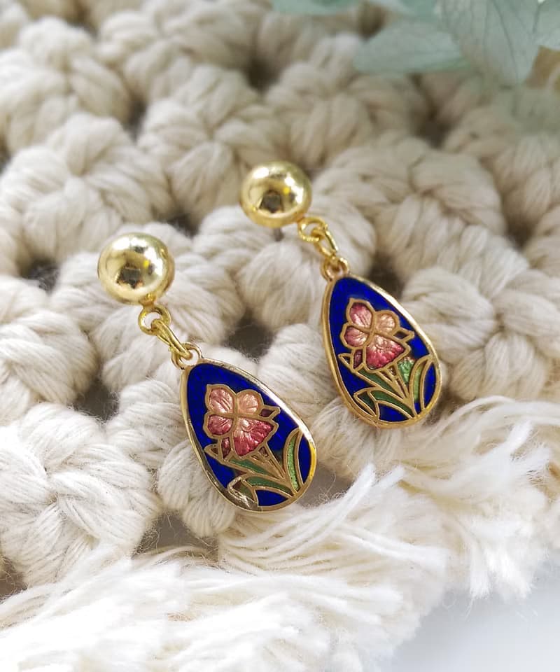 Vintage Jewelry 西洋古董飾品 景泰藍 水滴 藍底 花卉 針式耳環