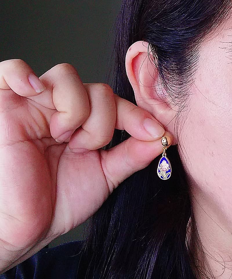 Vintage Jewelry 西洋古董飾品 景泰藍 水滴 藍底 花卉 針式耳環