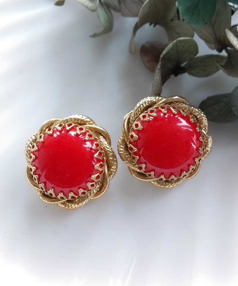 Vintage Jewelry 西洋古董飾品 紅色調 麻花金框 夾式耳環