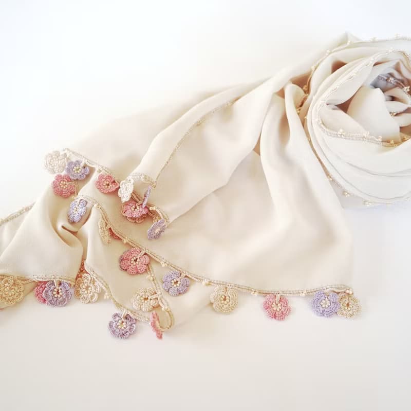 レースの花付き シフォンストール【マリー】クレームベージュ