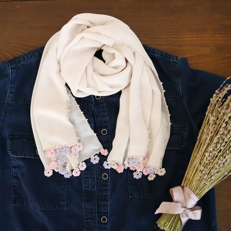 レースの花付き シフォンストール【マリー】クレームベージュ