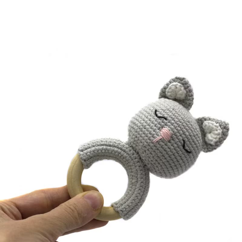 Soft baby girl rattle wood teether sensory toy, baby shower or newborn gift