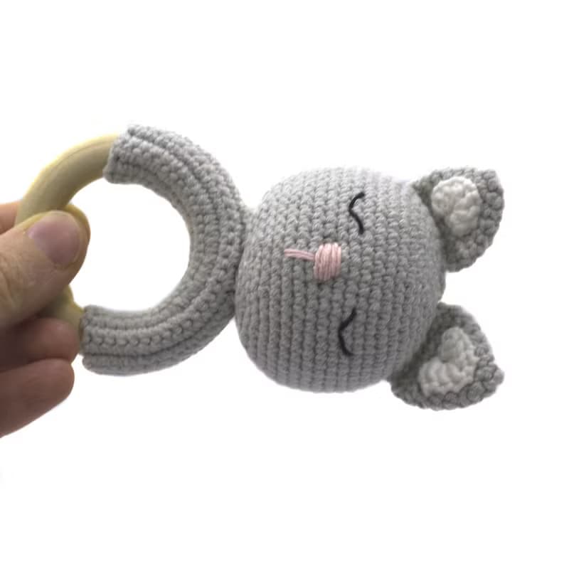Soft baby girl rattle wood teether sensory toy, baby shower or newborn gift