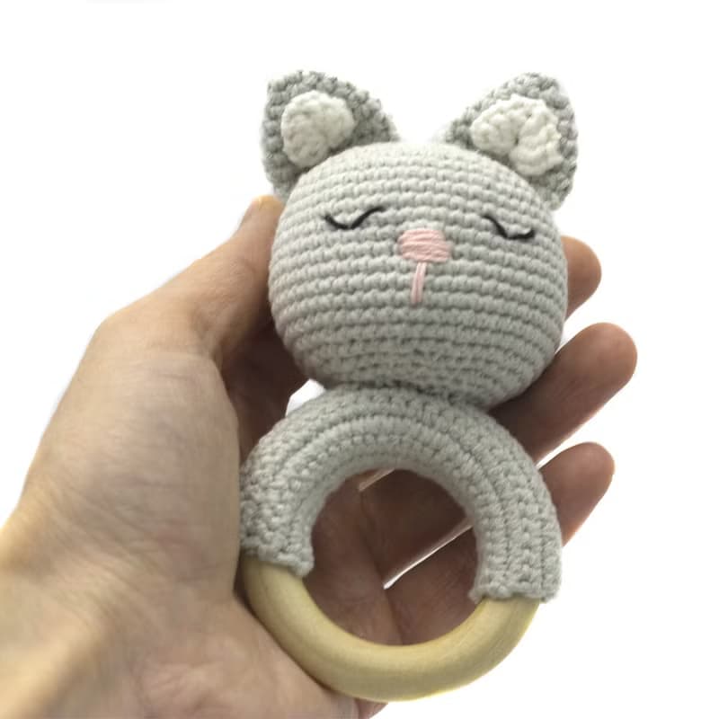Soft baby girl rattle wood teether sensory toy, baby shower or newborn gift