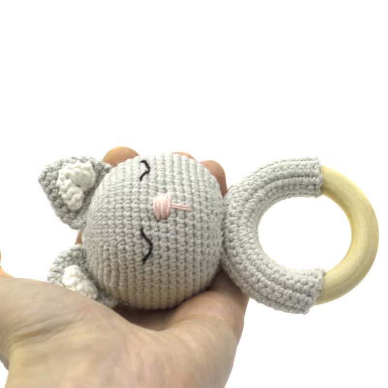 Soft baby girl rattle wood teether sensory toy, baby shower or newborn gift