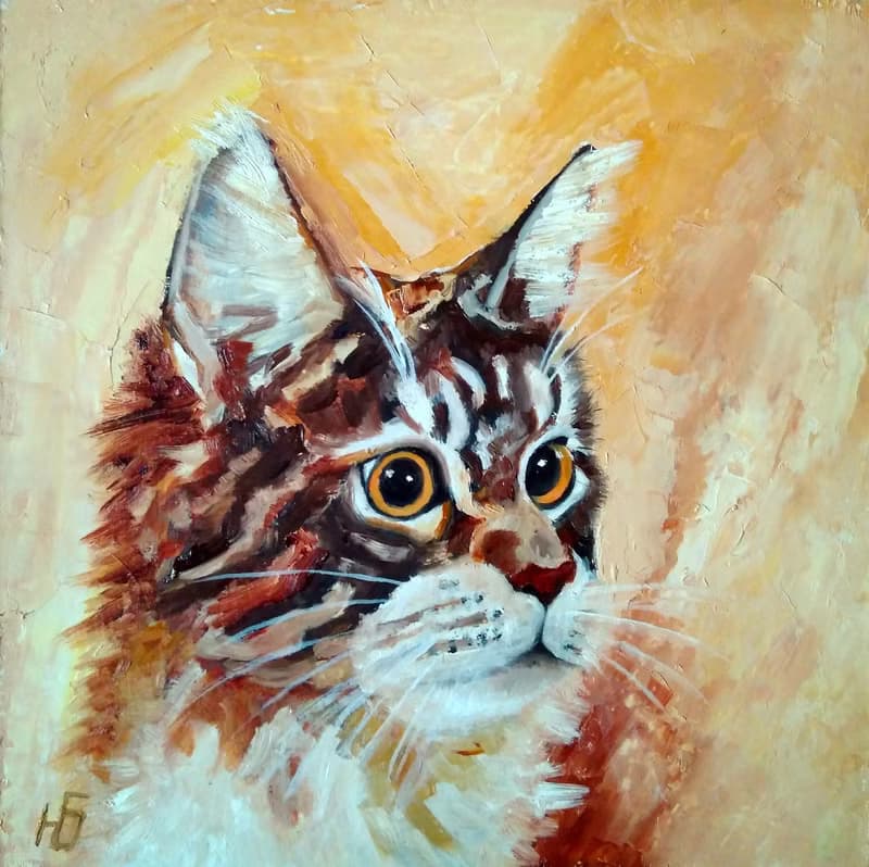 Maine Coon Cat Portrait Painting, Tabby Cat Original Artwork, Funny Pet Wall Art