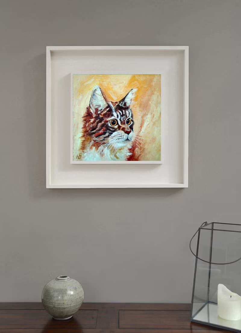 Maine Coon Cat Portrait Painting, Tabby Cat Original Artwork, Funny Pet Wall Art
