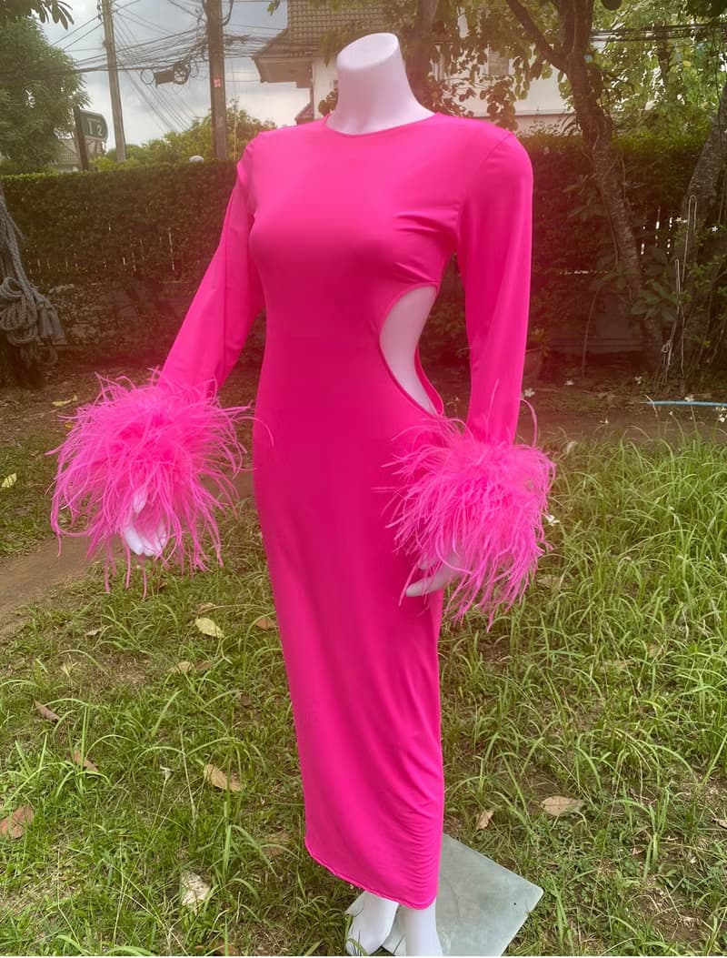 Jess hot pink  feathers bodycon midi dress for women