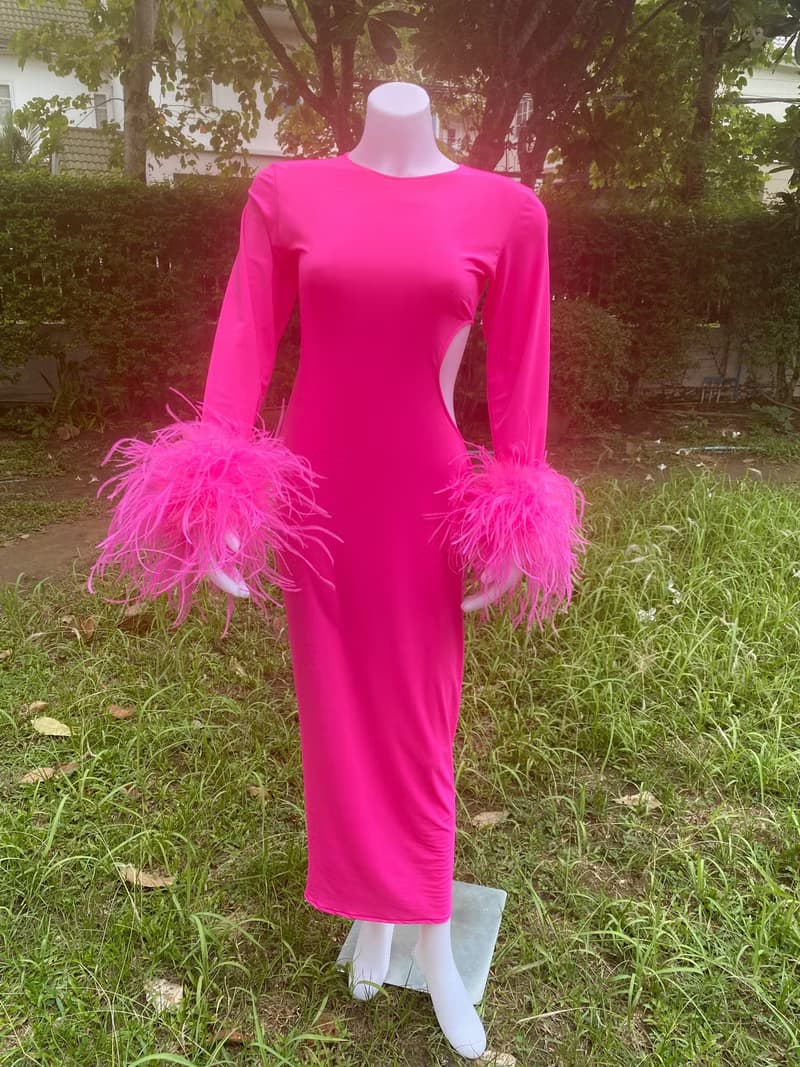 Jess hot pink  feathers bodycon midi dress for women