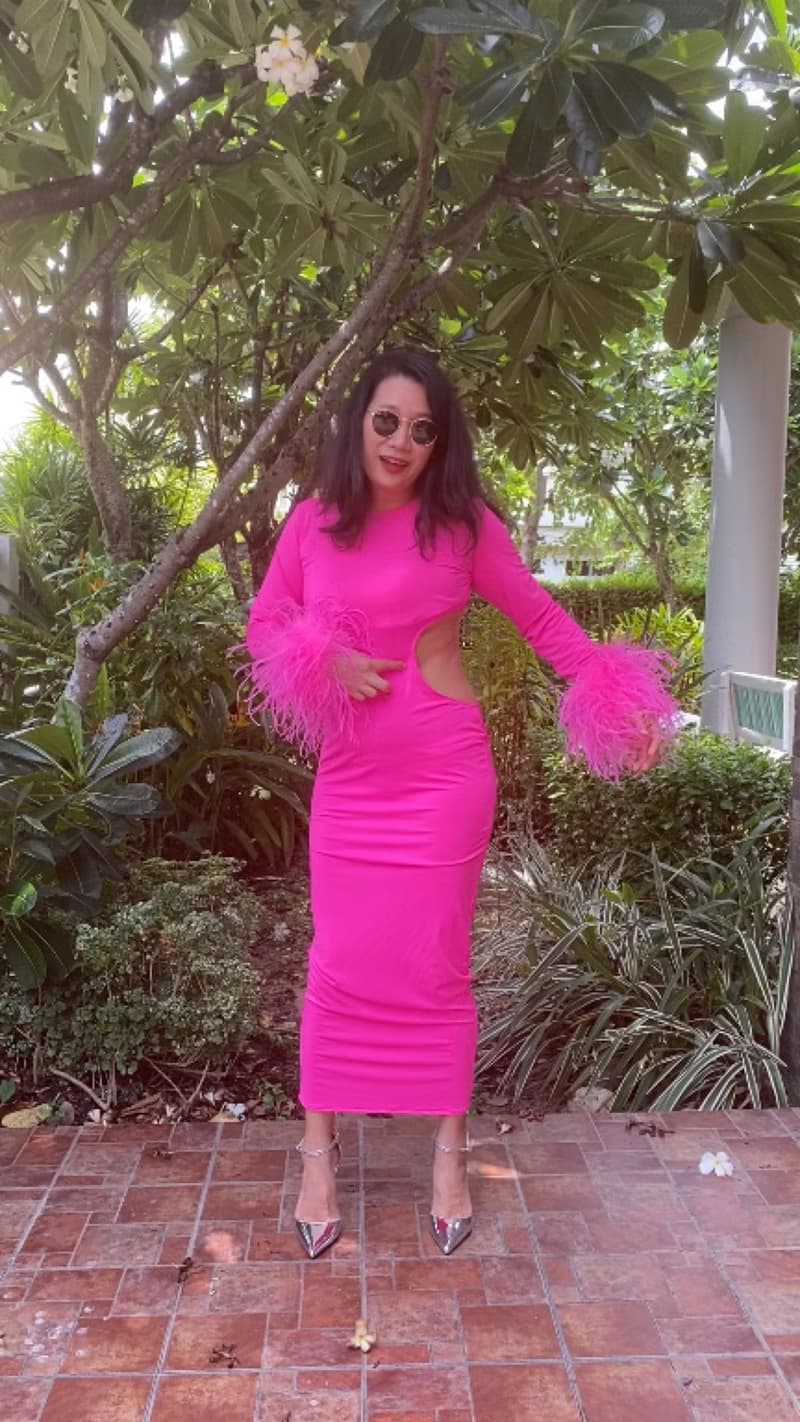 Jess hot pink  feathers bodycon midi dress for women
