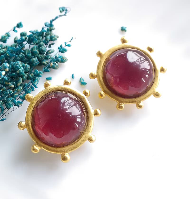 Vintage Jewelry 西洋古董飾品 啞光 摩登 圓紅 夾式耳環