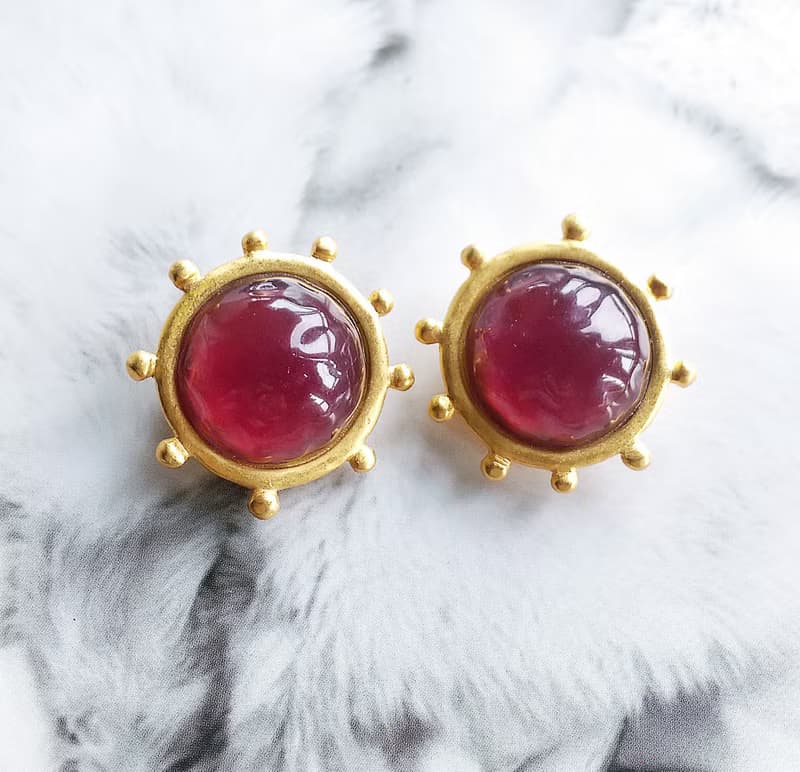 Vintage Jewelry 西洋古董飾品 啞光 摩登 圓紅 夾式耳環