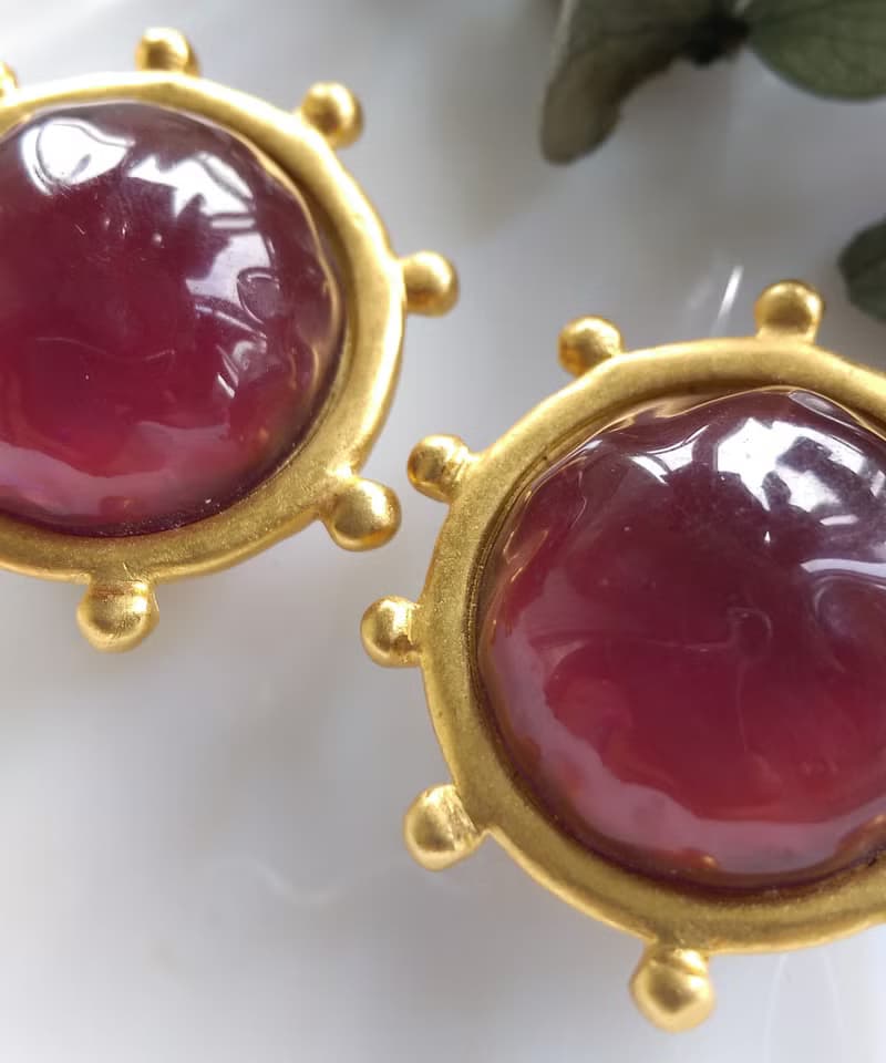 Vintage Jewelry 西洋古董飾品 啞光 摩登 圓紅 夾式耳環