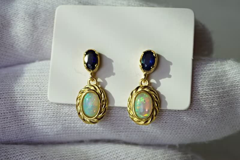 Natural Opal and Blue Sapphire Drop Earrings Sterling Silver925 with gold plated