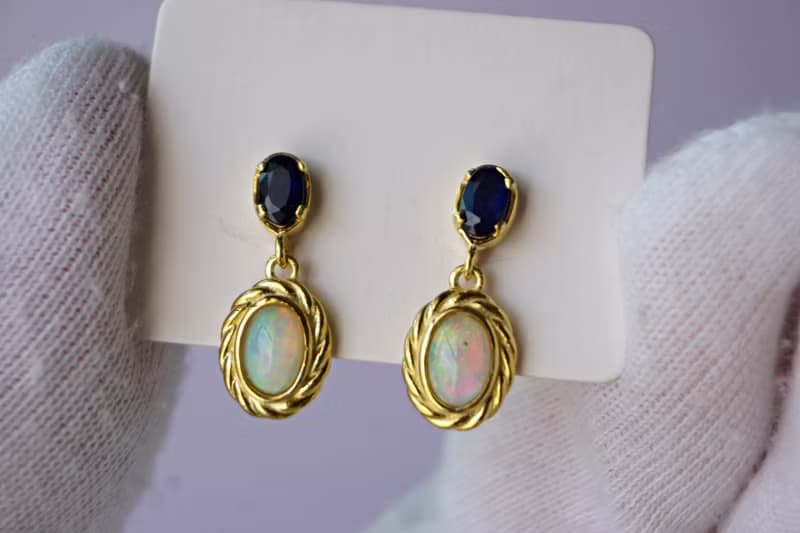 Natural Opal and Blue Sapphire Drop Earrings Sterling Silver925 with gold plated